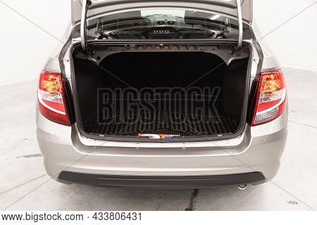 Novosibirsk, Russia - August 31, 2021: Lada Granta, Rear View Of A Car With An Open Trunk. Exterior 