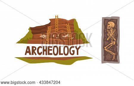 Archeology And Paleontology Ancient Artifacts With Bones And Burried Human Body Vector Set