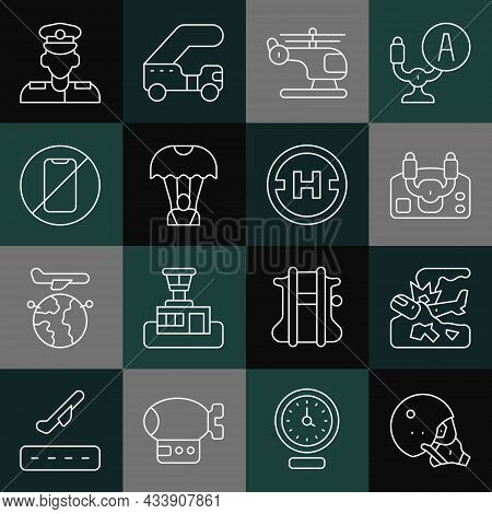 Set Line Modern Pilot Helmet, Plane Crash, Aircraft Steering, Helicopter, Parachute, No Cell Phone, 