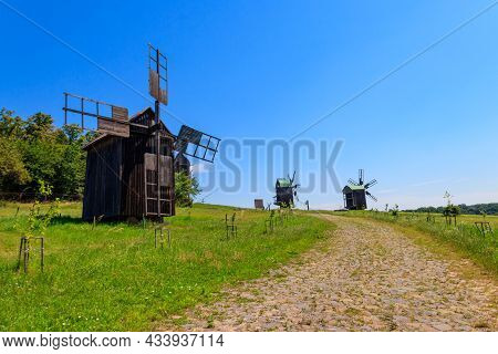 Old Wooden Windmills In Pyrohiv (pirogovo) Village Near Kiev, Ukraine