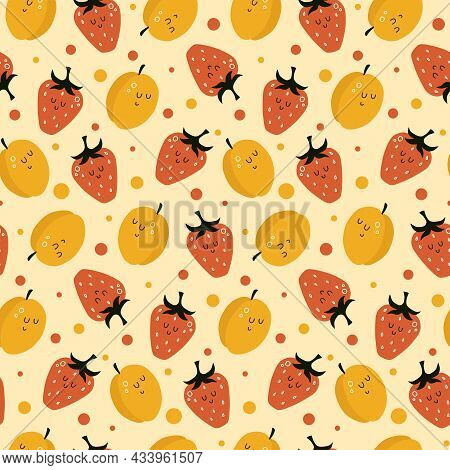 Vector Seamless Pattern With Cartoon Strawberries And Apricots. It Can Be Used As Wallpaper, Poster,