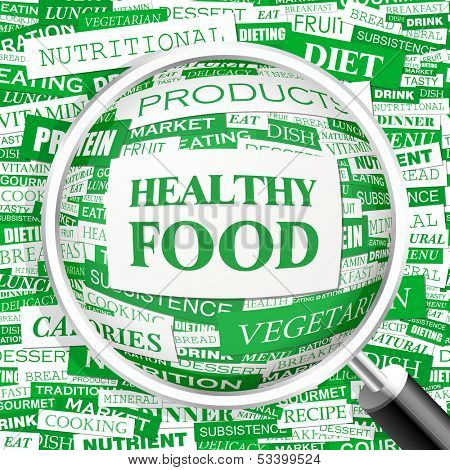 HEALTHY FOOD. Word cloud illustration. Tag cloud concept collage. Vector illustration.