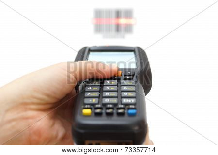Woman Hold Scanner And Scans Barcode With Laser