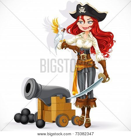 pirate girl with parrot and cannonry