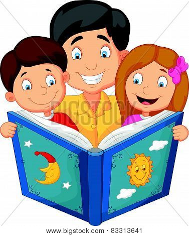 Cartoon father reading with his children