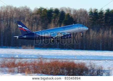 NIZHNY NOVGOROD. RUSSIA. FEBRUARY 17, 2015. SSJ-100 plane of the company Aeroflot