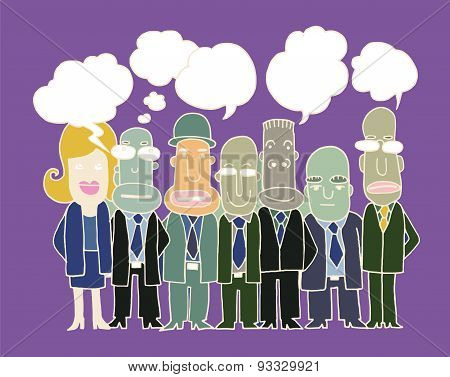 Team Of  Business People Stand And Talk In Speech Bubbles