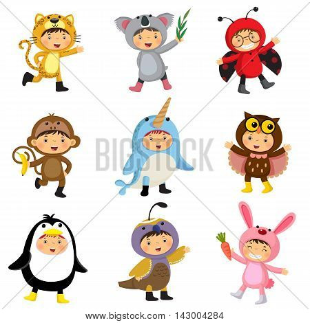Set of cute kids wearing animal costumes. Jaguar koala ladybird monkey narwhal owl penguin quail rabbit.