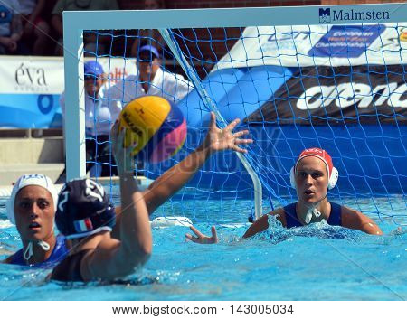 Budapest, Hungary - Jul 16, 2014. Italy's GORLERO Giulia (ITA, 1) goalkeeper at the goal line.  The Waterpolo European Championship was held in Alfred Hajos Swimming Centre in 2014.