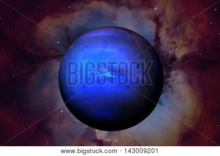 Solar System - Neptune. It is the eighth and farthest planet from the Sun in the Solar System. It is a giant planet. Neptune has 14 known satellites. Elements of this image furnished by NASA.