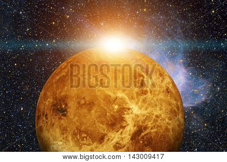 Solar System - Venus. It is the second planet from the Sun. It is a terrestrial planet. After the Moon, it is the brightest natural object in the night sky. Elements of this image furnished by NASA.