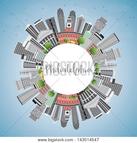 Philadelphia Skyline with Gray Buildings, Blue Sky and Copy Space. Vector Illustration. Business Travel and Tourism Concept with Philadelphia City. Image for Presentation Banner Placard and Web Site.