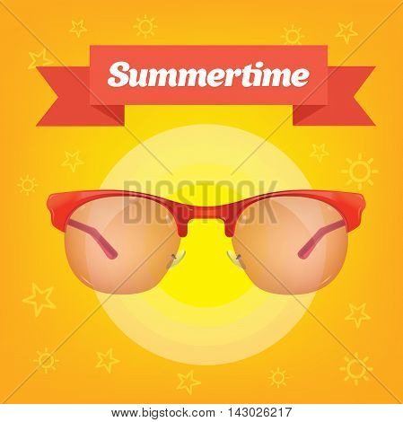 Summer realistic sun protection sunglass on yellow background with red ribbon
