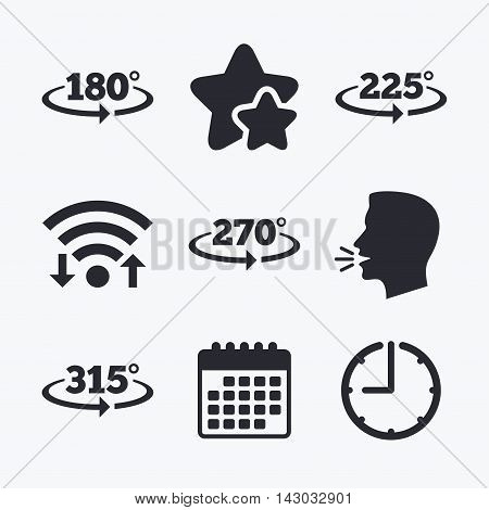 Angle 180-315 degrees icons. Geometry math signs symbols. Full complete rotation arrow. Wifi internet, favorite stars, calendar and clock. Talking head. Vector