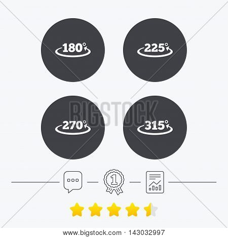 Angle 180-315 degrees icons. Geometry math signs symbols. Full complete rotation arrow. Chat, award medal and report linear icons. Star vote ranking. Vector