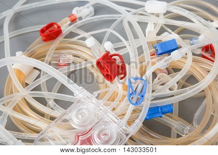 Bloodline tubes of hemodialysis machine. Health care blood purification kidney failure transplantation medical equipment concept.