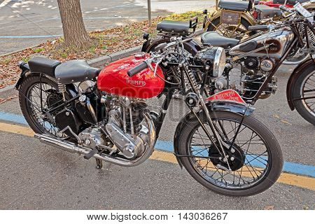 FAENZA ITALY - NOVEMBER 1: old british motorbike Triumph 3H 350 cc (1942)in classic motorcycle rally during the festival 