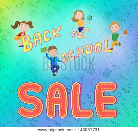 Cute kids playing on backpack. Back to school sale concept banner poster