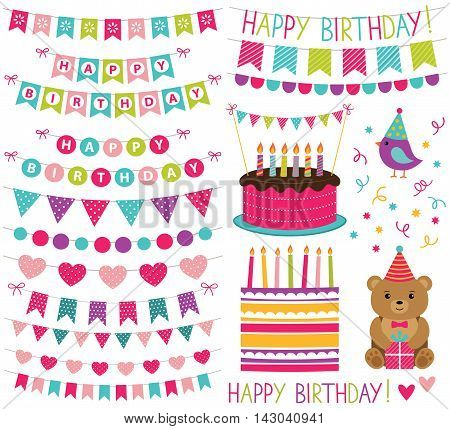 Colorful birthday party isolated design elements set