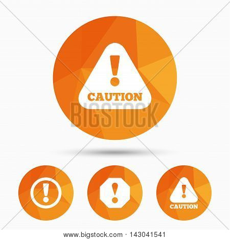 Attention caution icons. Hazard warning symbols. Exclamation sign. Triangular low poly buttons with shadow. Vector