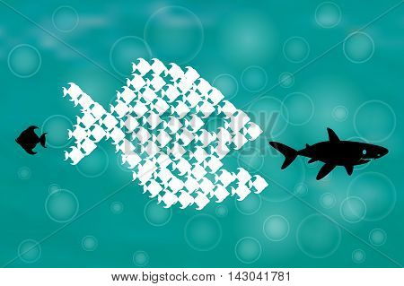 Little Fish Eat Big Fish. Unity, Teamwork, Organize Concept. Together we stand, Fishes unite fight with big fish. vector illustration. Sharks, think different design.