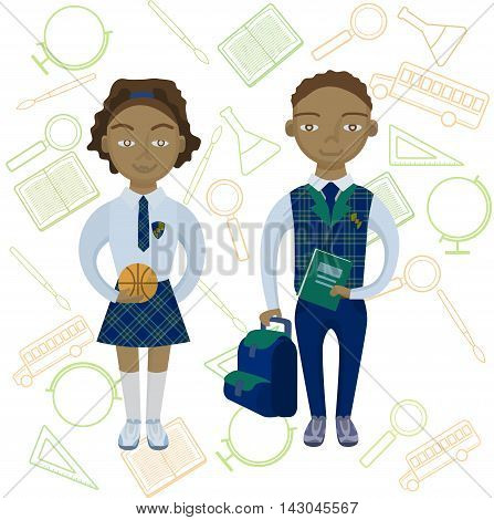 Kids going to school. Pupils in uniform. Vector illustration