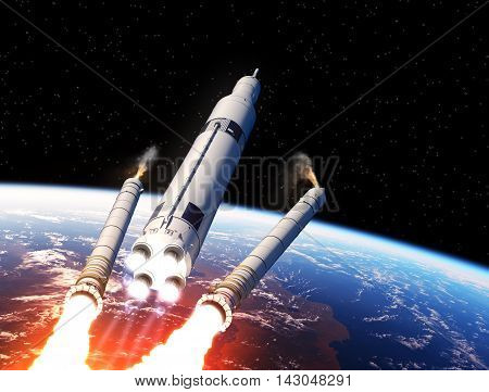 Space Launch System Solid Rocket Boosters Separation Over The Earth. 3D Illustration.