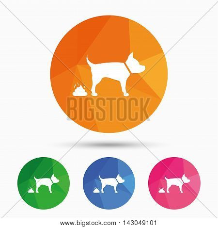 Feces sign icon. Clean up after pets symbol. Put it in the bag. Triangular low poly button with flat icon. Vector