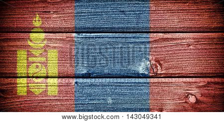 Flag of Mongolia painted on old grungy wooden background:  3d illustration