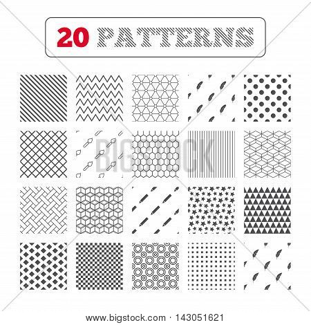 Ornament patterns, diagonal stripes and stars. Feather retro pen icons. Paint brush and pencil symbols. Artist tools signs. Geometric textures. Vector