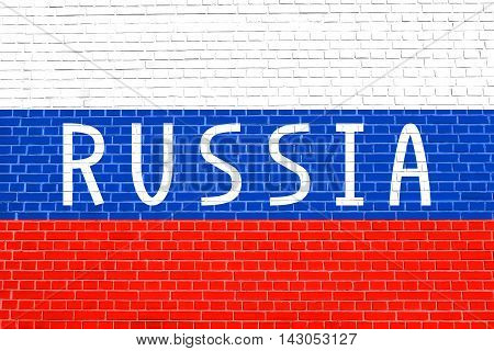 Flag of Russia on brick wall texture background. Russian national flag. Word Russia. illustration