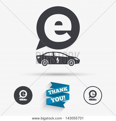 Electric car sign icon. Sedan saloon symbol. Electric vehicle transport. Flat icons. Buttons with icons. Thank you ribbon. Vector