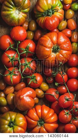 Colorful tomatoes of different sizes and kinds, top view, vertical