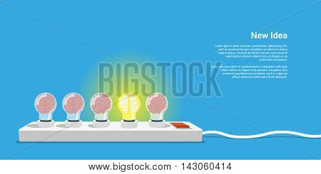 picture of five lightbulbs with brains inside new idea concept flat style illustration