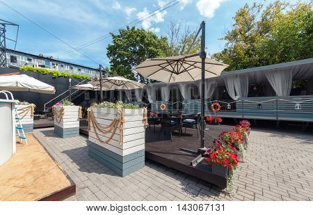 MOSCOW - JULY 2014: Interior of stylish Mediterranean cuisine Italian restaurant - 
