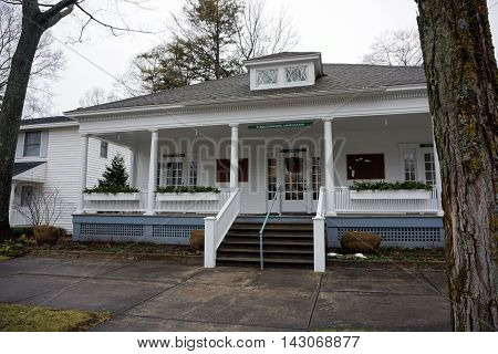 WEQUETONSING, MICHIGAN / UNITED STATES - DECEMBER 22, 2015: The office, director's room, and post office of the Wequetonsing Association.