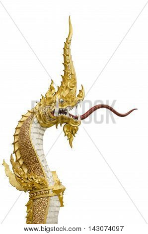 Naga statue in the temple of the Northeast of Thailand on a white background with paths.