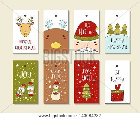 Cute hand drawn doodle Christmas cards brochures postcards with snowman santa deer christmas tree present snowflakes mittens snow. Christmas holiday background elements Printable tags set