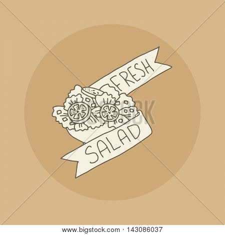 Fresh salad, Hand drawn food icon, with hand lettering on a ribbon, vector illustration