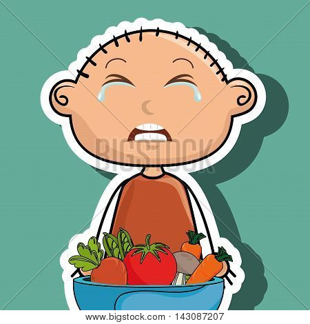 boy cry plate vegetables vector illustration graphic