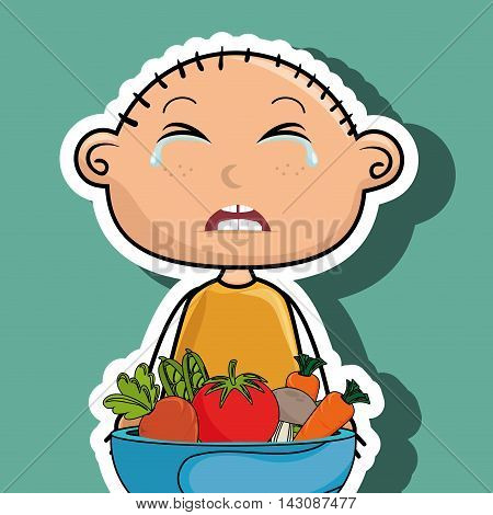 boy cry plate vegetables vector illustration graphic