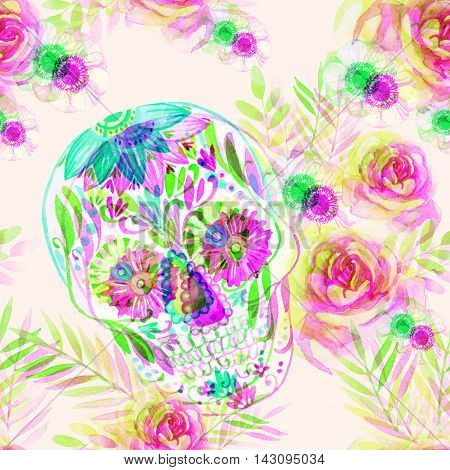 Watercolor mexican sugar skull among the flowers seamless pattern. Day of the dead holiday background. Hand painted illustration with double color exposure glitch effect