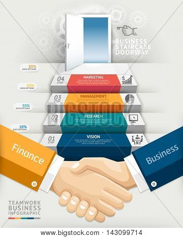 Business teamwork staircase doorway conceptual infographics. Vector illustration. Can be used for workflow layout banner number options step up options web design diagram timeline.