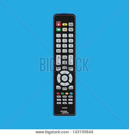 Black modern remote TV Control. Vector illustration in flat style on blue background