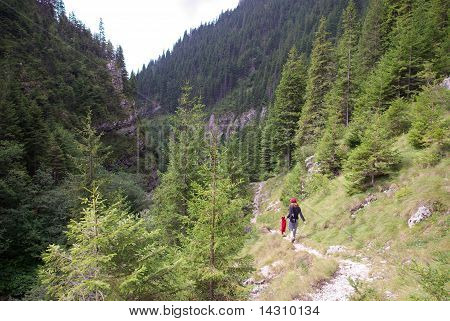 Lonely hiker going up the tall mountain