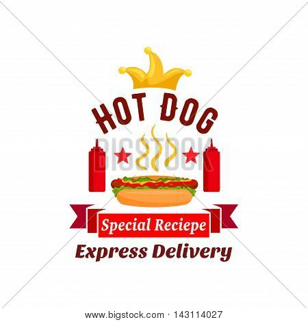 Fast food xpress delivery emblem. hot dog label element with ketchup bottles, golden crown, stars, red ribbon. 