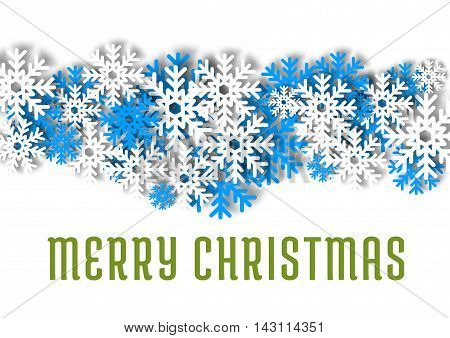 Merry Christmas greeting card. Christmas winter snowflakes ornament background. Blue and white flakes of snow. Vector pattern decoration wallpaper