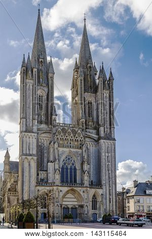 Coutances Cathedral is a Gothic Roman Catholic cathedral constructed from 1210 to 1274 in the town of Coutances Normandy France