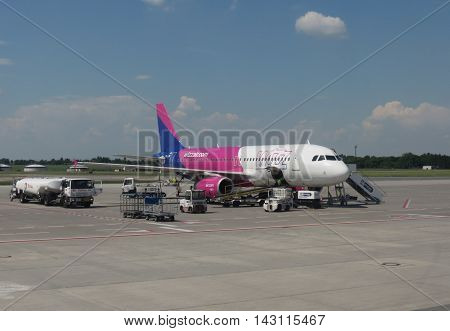 PRAGUE CZECH REPUBLIC - CIRCA JUNE 2016: Wizzair Airbus A320-200 parked at the airport