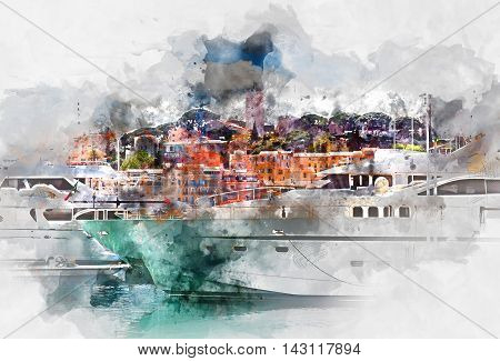 View of Le Suquet- the old town and Port Le Vieux of Cannes France. Digital watercolor painting